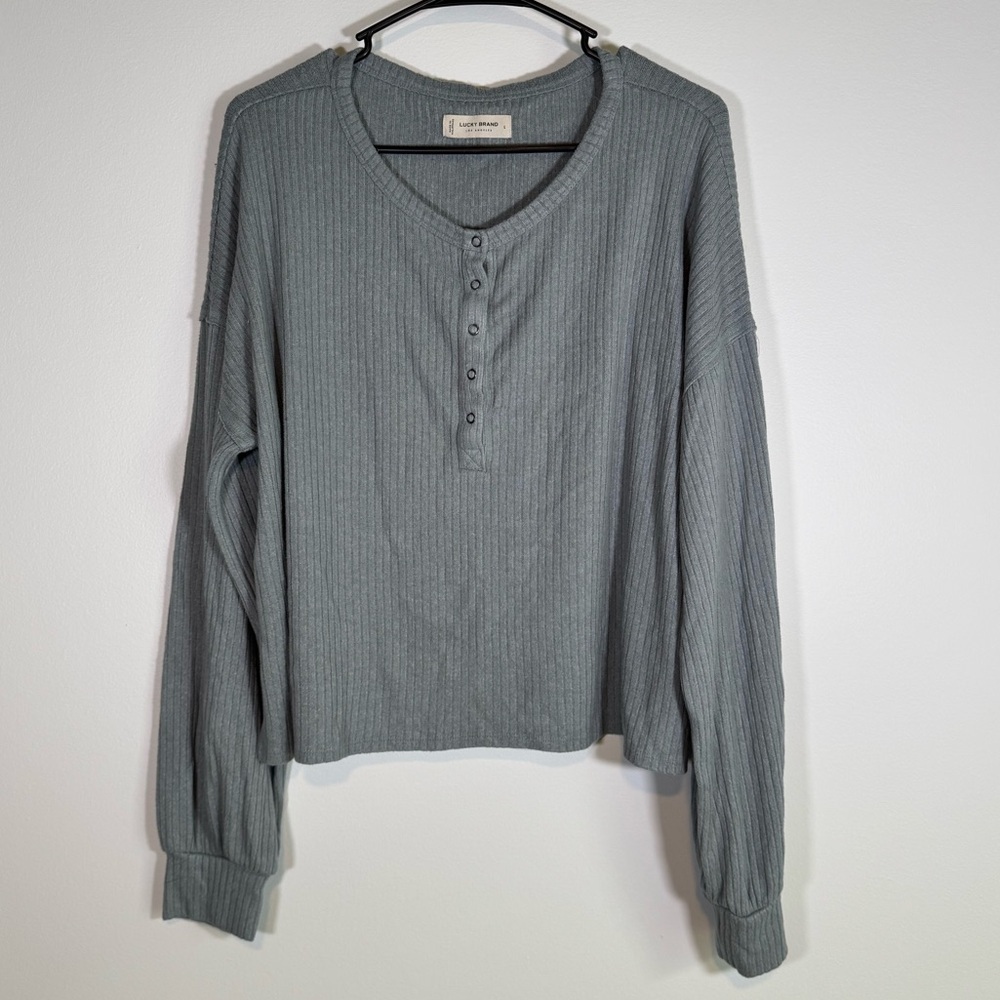 Lucky Brand Blue Waffle Knit Long Sleeve Henley Top Size Large - Picture 2 of 6